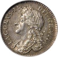 England coin 6 Pence - James II (1686 - 1688) obverse obverse of 6 Pence - James II (1686 - 1688) coin with SP# 3412 from England. Inscription: IACOBVS · II · DEI · GRATIA