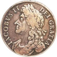England coin 1 Crown - James II (1686) obverse obverse of 1 Crown - James II (1686) coin with SP# 3406 from England. Inscription: IACOBVS · II · DEI · GRATIA