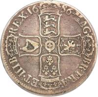 England coin 1 Crown - James II (1686) reverse reverse of 1 Crown - James II (1686) coin with SP# 3406 from England. Inscription: MAG · BR · FRA · ET · HIB REX · 16 86 ·