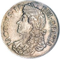 England coin 1 Crown - James II (1687 - 1688) obverse obverse of 1 Crown - James II (1687 - 1688) coin with SP# 3407 from England. Inscription: IACOBVS · II · DEI · GRATIA