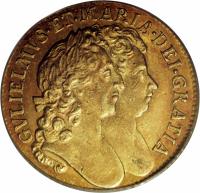England coin 1 Guinea - William & Mary (1689 - 1694) obverse obverse of 1 Guinea - William & Mary (1689 - 1694) coin with SP# 3426 from England. Inscription: GVLIELMVS · ET · MARIA · DEI · GRATIA ·