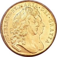 England coin 5 Guineas - William & Mary (1691 - 1694) obverse obverse of 5 Guineas - William & Mary (1691 - 1694) coin with SP# 3422 from England. Inscription: GVLIELMVS · ET · MARIA · DEI · GRATIA