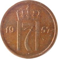 obverse of 1 Øre - Haakon VII (1952 - 1957) coin with KM# 398 from Norway. Inscription: H7 1956