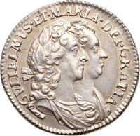 England coin 6 Pence - William & Mary (1693 - 1694) obverse obverse of 6 Pence - William & Mary (1693 - 1694) coin with SP# 3438 from England. Inscription: GVLIELMVS · ET · MARIA · DEI · GRATIA