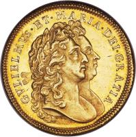 England coin 2 Guineas - William & Mary (1691 - 1694) obverse obverse of 2 Guineas - William & Mary (1691 - 1694) coin with SP# 3424 from England. Inscription: GVLIELMVS · ET · MARIA · DEI · GRATIA