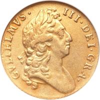 England coin 1 Guinea - William III (1695 - 1698) obverse obverse of 1 Guinea - William III (1695 - 1698) coin with SP# 3458 from England. Inscription: GVLIELMUS · III · DEI · GRA ·