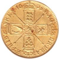 England coin 1 Guinea - William III (1695 - 1698) reverse reverse of 1 Guinea - William III (1695 - 1698) coin with SP# 3458 from England. Inscription: MAG · BR · FRA · ET · HIB REX · 16 95 ·