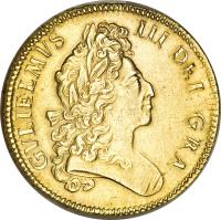 England coin 5 Guineas - William III (1699 - 1700) obverse obverse of 5 Guineas - William III (1699 - 1700) coin with SP# 3454 from England. Inscription: GVLIELMUS · III · DEI · GRA