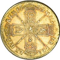 England coin 5 Guineas - William III (1699 - 1700) reverse reverse of 5 Guineas - William III (1699 - 1700) coin with SP# 3454 from England. Inscription: MAG · BR · FRA · ET · HIB REX · 16 99 ·