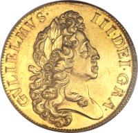 England coin 5 Guineas - William III (1701) obverse obverse of 5 Guineas - William III (1701) coin with SP# 3456 from England. Inscription: GVLIELMUS · III · DEI · GRA