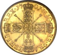 England coin 5 Guineas - William III (1701) reverse reverse of 5 Guineas - William III (1701) coin with SP# 3456 from England. Inscription: MAG · BR · FRA · ET · HIB REX · 17 01 ·