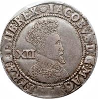 England coin 1 Shilling - James I (1604 - 1605) obverse obverse of 1 Shilling - James I (1604 - 1605) coin with SP# 2654 from England. Inscription: IACOBVS · D · G · ??? FRA · ET · HIB · REX · + XII