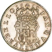 England coin 1/2 Crown - The Commonwealth of England (1658) reverse reverse of 1/2 Crown - The Commonwealth of England (1658) coin with SP# 3227a from England. Inscription: PAX · QV · RITVR · BELLO 16 58