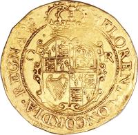 England coin 20 Shillings - Charles I (1642) reverse reverse of 20 Shillings - Charles I (1642) coin with SP# 2690 from England. Inscription: · FLORENT · CONCORDIA · REGNA · C R