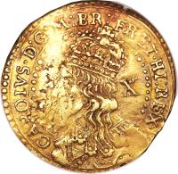 England coin 10 Shillings - Charles I (1643 - 1644) obverse obverse of 10 Shillings - Charles I (1643 - 1644) coin with SP# 2742 from England. Inscription: CAROLVS · D:G:M:BR:FR:ET · HIB:REX · X