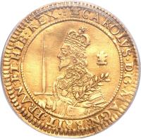 England coin 3 Unites - Charles I - Oxford mint (1643) obverse obverse of 3 Unites - Charles I - Oxford mint (1643) coin with SP# 2727 from England. Inscription: CAROLVS · D:G · MAGN:BRIT:FRAN:ET:HIB:REX · :
