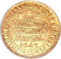 England coin 3 Unites - Charles I - Oxford mint (1643) reverse reverse of 3 Unites - Charles I - Oxford mint (1643) coin with SP# 2727 from England. Inscription: III EXVRGAT:DEVS:DISSIPENTVR: INIMICI: RELIG: PROT :LEG: ANG :LIBER: PAR 1643
