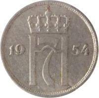 obverse of 10 Øre - Haakon VII (1951 - 1957) coin with KM# 396 from Norway. Inscription: H7 1957