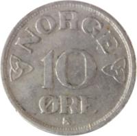 reverse of 10 Øre - Haakon VII (1951 - 1957) coin with KM# 396 from Norway. Inscription: 10 ØRE NORGE