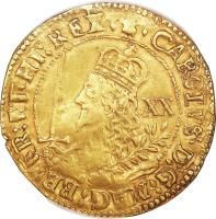 England coin 20 Shillings - Charles I (1644) obverse obverse of 20 Shillings - Charles I (1644) coin with SP# 2735a from England. Inscription: CAROLVS · D · G · MAG · BRIT · FRAN · ET · HIB · REX XX
