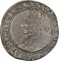 England coin 6 Pence - Charles II (1660) obverse obverse of 6 Pence - Charles II (1660) coin with SP# 3323 from England. Inscription: CAROLVS II D · G · MAG:BRI:FRA:ET · HIB:REX VI