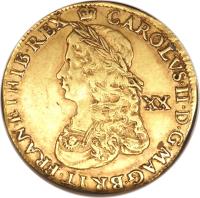 England coin 20 Shillings - Charles II (1660 - 1662) obverse obverse of 20 Shillings - Charles II (1660 - 1662) coin with SP# 3304 from England. Inscription: CAROLVS · II · D · G · MAG · BRIT · FRAN · ET · HIB · REX XX