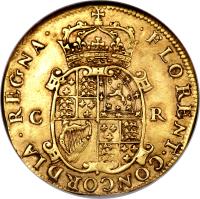 England coin 20 Shillings - Charles II (1660 - 1662) reverse reverse of 20 Shillings - Charles II (1660 - 1662) coin with SP# 3304 from England. Inscription: · FLORENT · CONCORDIA · REGNA · C R