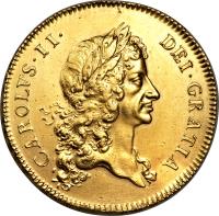 England coin 5 Guineas - Charles II (1668 - 1678) obverse obverse of 5 Guineas - Charles II (1668 - 1678) coin with SP# 3328 from England. Inscription: CAROLVS · II · DEI · GRATIA