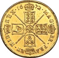 England coin 5 Guineas - Charles II (1668 - 1678) reverse reverse of 5 Guineas - Charles II (1668 - 1678) coin with SP# 3328 from England. Inscription: MAG · BR · FRA · ET · HIB · REX · 16 · 68 ·