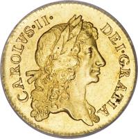 England coin 1/2 Guinea - Charles II (1669 - 1672) obverse obverse of 1/2 Guinea - Charles II (1669 - 1672) coin with SP# 3347 from England. Inscription: CAROLVS · II · DEI · GRATIA