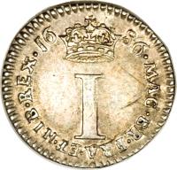 England coin 1 Penny - James II - Maundy Coinage (1685 - 1688) reverse reverse of 1 Penny - James II - Maundy Coinage (1685 - 1688) coin with SP# 3417 from England. Inscription: MAG · BR · FRA · ET · HIB · REX · 16 86 · I