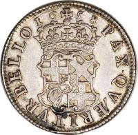 England coin 1 Shilling - The Commonwealth of England (1658) reverse reverse of 1 Shilling - The Commonwealth of England (1658) coin with SP# 3228 from England. Inscription: PAX · QV · RITVR · BELLO 16 58