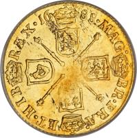 England coin 1/2 Guinea - James II (1686 - 1688) reverse reverse of 1/2 Guinea - James II (1686 - 1688) coin with SP# 3404 from England. Inscription: MAG · BR · FRA · ET · HIB · REX · 16 88 ·