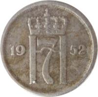 Norway coin 25 Øre - Haakon VII (1952 - 1957) obverse obverse of 25 Øre - Haakon VII (1952 - 1957) coin with KM# 401 from Norway. Inscription: H7 1952
