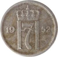 obverse of 25 Øre - Haakon VII (1952 - 1957) coin with KM# 401 from Norway. Inscription: H7 1952