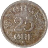 reverse of 25 Øre - Haakon VII (1952 - 1957) coin with KM# 401 from Norway. Inscription: NORGE 25 ØRE