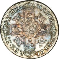 England coin 1 Shilling - William & Mary (1692 - 1693) reverse reverse of 1 Shilling - William & Mary (1692 - 1693) coin with SP# 3437 from England. Inscription: MAG · BR FR · ET · HI · REX · ET REGINA · 1 6 6 2 WM WM WM WM