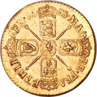 England coin 1/2 Guinea - William III (1695) reverse reverse of 1/2 Guinea - William III (1695) coin with SP# 3468 from England. Inscription: MAG · BR · FRA · ET · HIB REX · 16 98 ·
