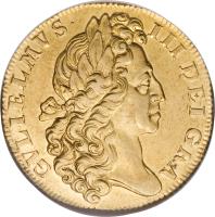 England coin 2 Guineas - William III (1701) obverse obverse of 2 Guineas - William III (1701) coin with SP# 3457 from England. Inscription: GVLIELMUS · III · DEI · GRA ·