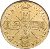 England coin 2 Guineas - William III (1701) reverse reverse of 2 Guineas - William III (1701) coin with SP# 3457 from England. Inscription: MAG · BR · FRA · ET · HIB REX · 17 01 ·