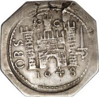 England coin 1 Shilling - Charles I - Pontefract siege coinage (1648) reverse reverse of 1 Shilling - Charles I - Pontefract siege coinage (1648) coin with SP# 3148 from England. Inscription: P C OBS 1648