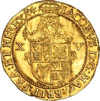 England coin 15 Shillings - James I (1619 - 1620) obverse obverse of 15 Shillings - James I (1619 - 1620) coin with SP# 2634 from England.