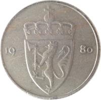 obverse of 50 Øre - Olav V (1974 - 1996) coin with KM# 418 from Norway. Inscription: 19 75