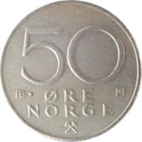 Norway coin 50 Øre - Olav V (1974 - 1996) reverse reverse of 50 Øre - Olav V (1974 - 1996) coin with KM# 418 from Norway. Inscription: 50 ØRE NORGE AB H ·