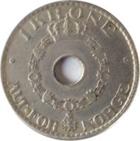 reverse of 1 Krone - Haakon VII (1925 - 1951) coin with KM# 385 from Norway. Inscription: · 1 KRONE · ALT · FOR NORGE