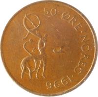 reverse of 50 Øre - Harald V (1996 - 2011) coin with KM# 460 from Norway. Inscription: 50 ØRE · NOREG · 2001