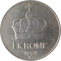 Norway coin 1 Krone - Harald V (1992 - 1996) reverse reverse of 1 Krone - Harald V (1992 - 1996) coin with KM# 436 from Norway. Inscription: 1 KRONE 1994 K