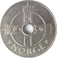 obverse of 1 Krone - Harald V (1997 - 2012) coin with KM# 462 from Norway. Inscription: H5 H5 H5 NORGE JEJ