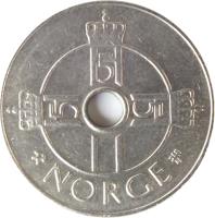 Norway coin 1 Krone - Harald V (1997 - 2012) obverse obverse of 1 Krone - Harald V (1997 - 2012) coin with KM# 462 from Norway. Inscription: H5 H5 H5 NORGE JEJ