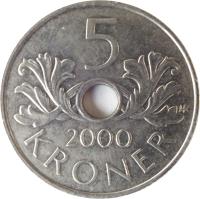 reverse of 5 Kroner - Harald V (1998 - 2012) coin with KM# 463 from Norway. Inscription: 5 2000 KRONER